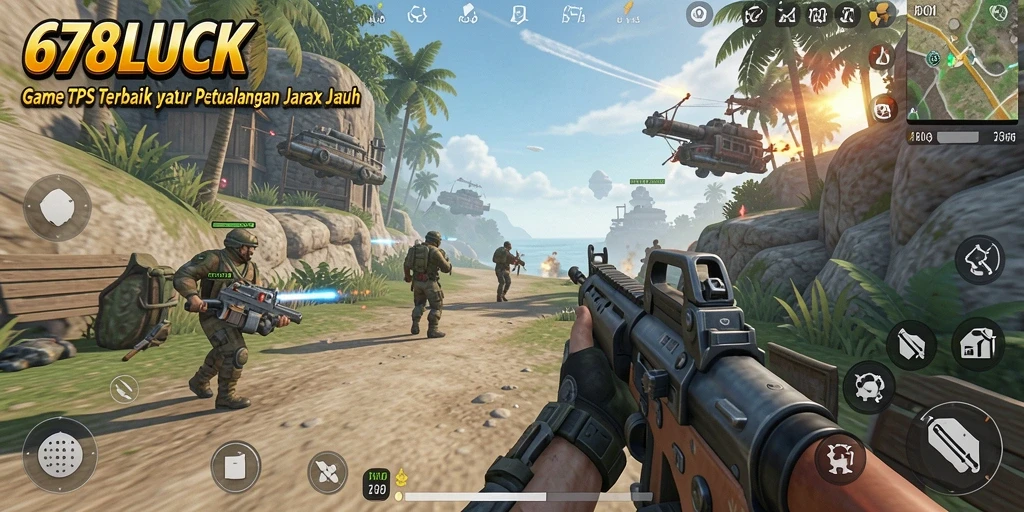 Screenshot utama yang menampilkan pertempuran seru dalam game TPS.