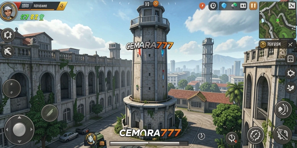 Gameplay CEMARA777 menampilkan pertahanan menara melawan serangan musuh.