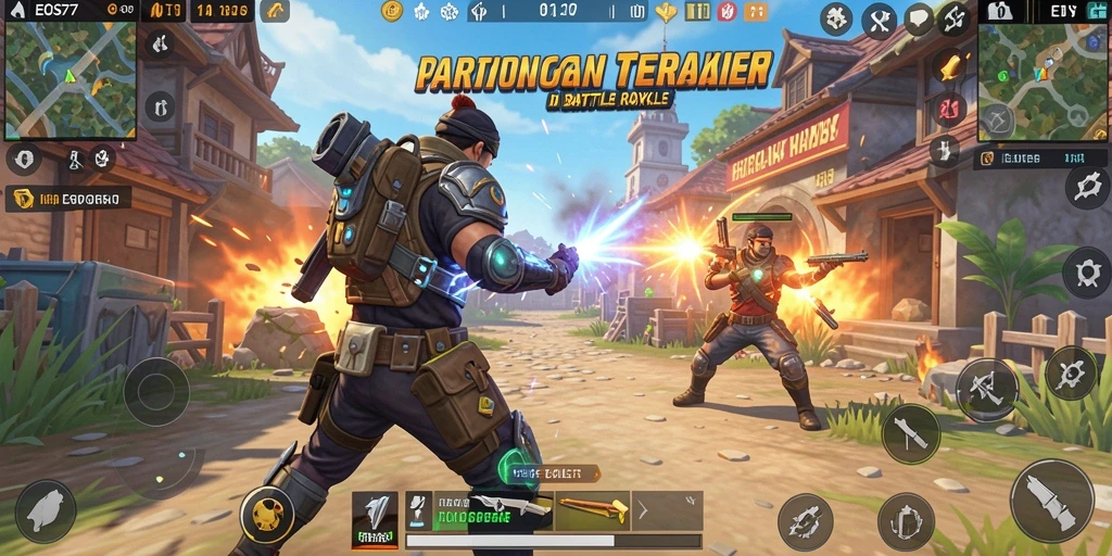 Screenshot gameplay EOS77 menampilkan pertarungan seru di arena Battle Royale.