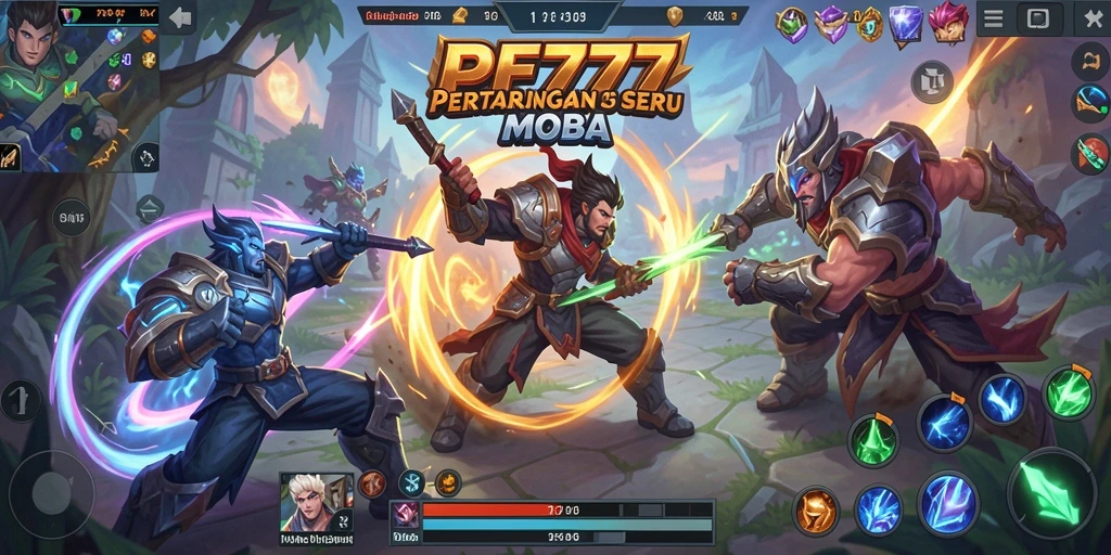 Screenshot utama PF777 menampilkan aksi pertarungan sengit antar pemain di arena MOBA.