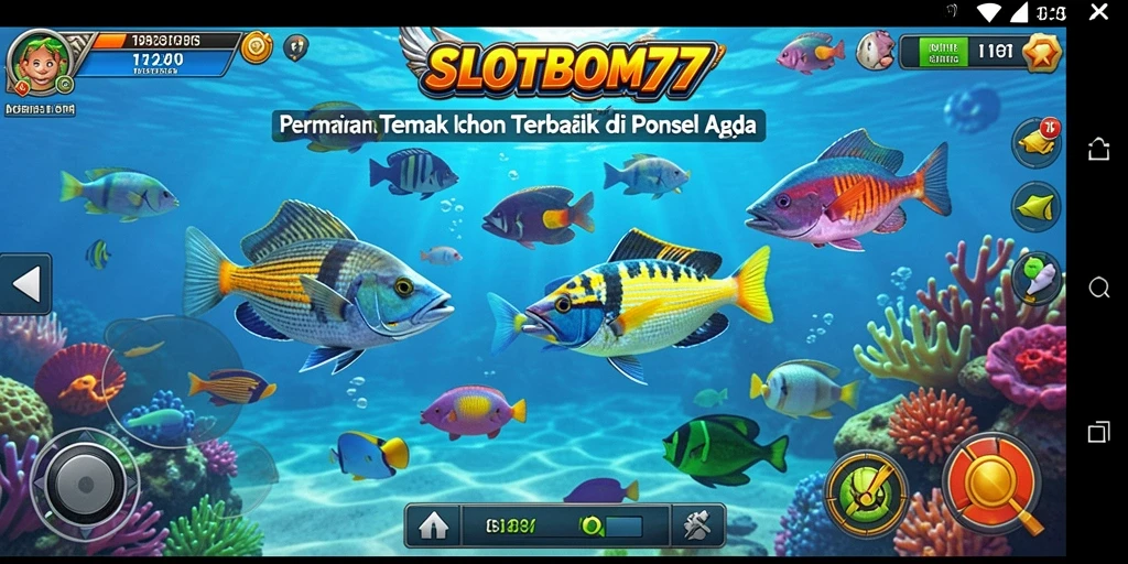 Tampilan gameplay menarik di SLOTBOM77 saat menembak ikan.