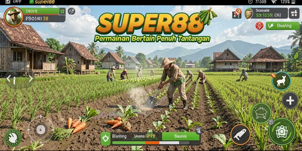 Tampilan gameplay SUPER88 saat bertani dengan berbagai tanaman.