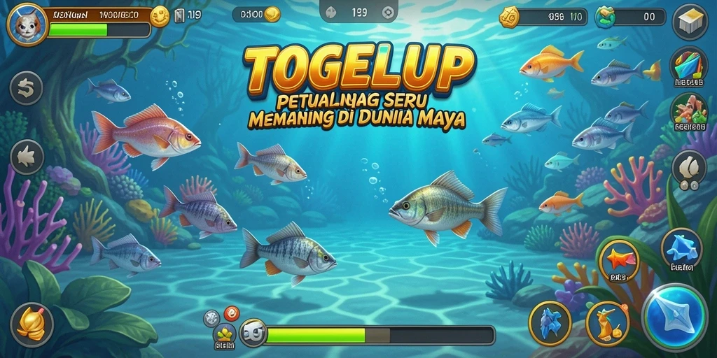 Gameplay TOGELUP dengan berbagai lokasi memancing yang indah.