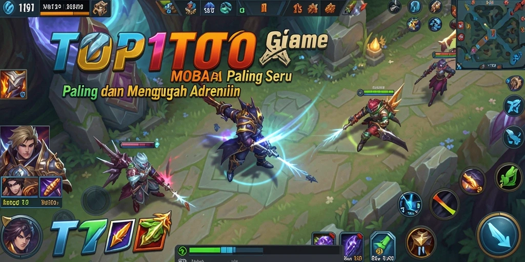Screenshot gameplay menampilkan aksi seru dalam pertempuran MOBA.