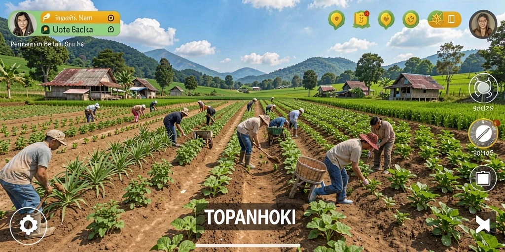 Screenshot gameplay TOPANHOKI menampilkan momen seru bertani.