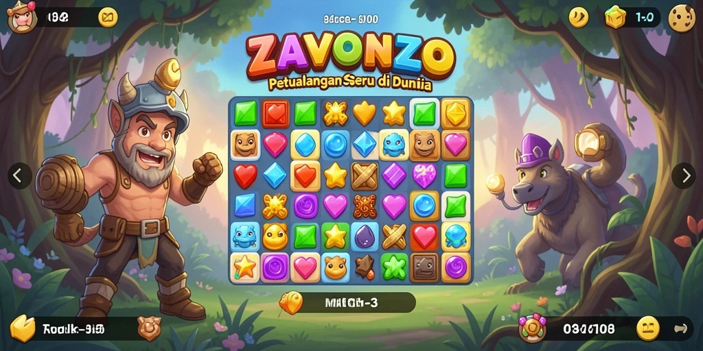 Tampilan gameplay <strong>ZAVONZO</strong> dengan warna-warni yang mencolok dan tantangan seru.